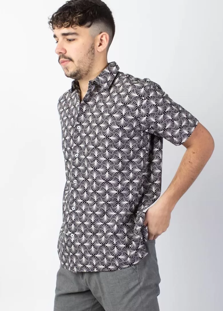 Chemises*Coton Du Monde Chemise homme manches courtes LORENZO ethnique noir Papyrus