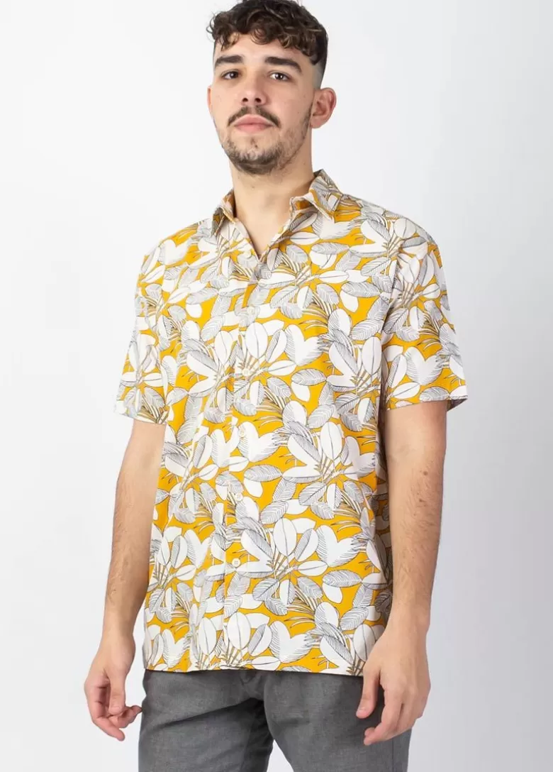 Chemises*Coton Du Monde Chemise homme manches courtes LORENZO imprimé Jungle Jaune