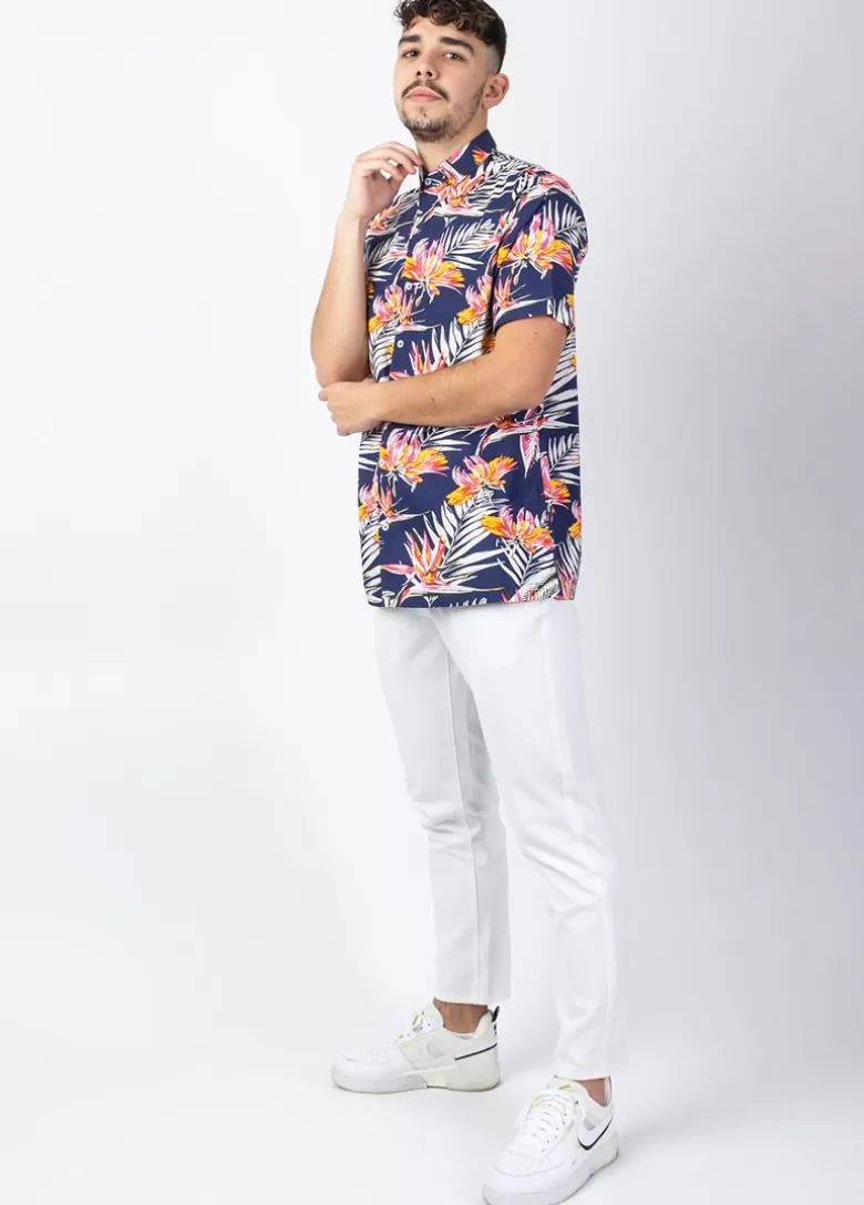 Chemises*Coton Du Monde Chemise homme manches courtes LORENZO imprimé tropical bleu Tropical Marine