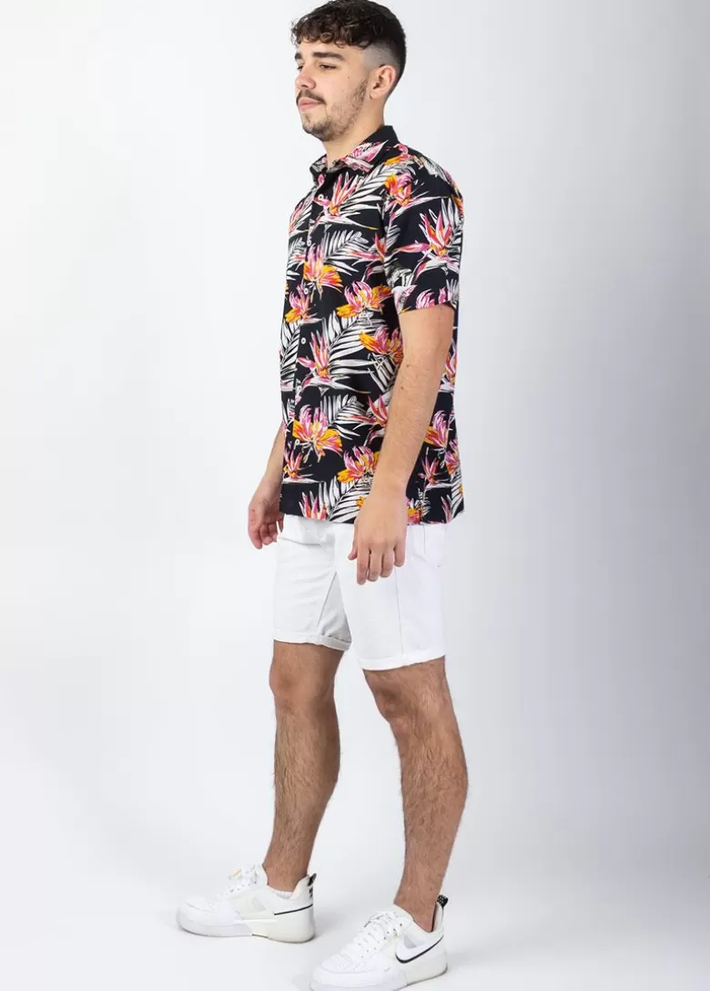 Chemises*Coton Du Monde Chemise homme manches courtes LORENZO imprimé Tropical Noir