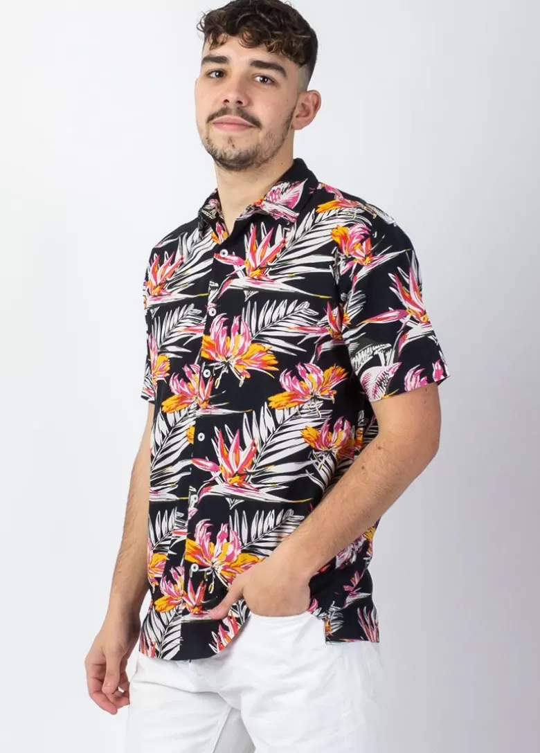 Chemises*Coton Du Monde Chemise homme manches courtes LORENZO imprimé Tropical Noir