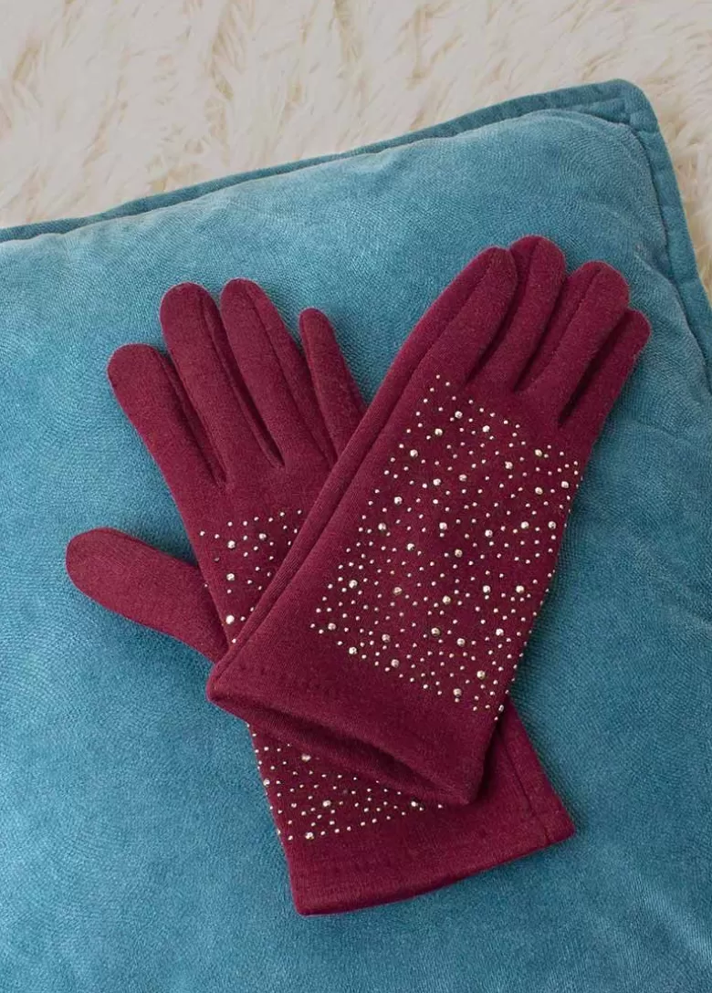 Mitaines / Gants*Coton Du Monde Gants Unis Strass Bordeaux