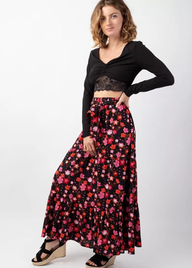 Jupes*Coton Du Monde Jupe longue femme CHERRY motif floral coloré Cherry Noir
