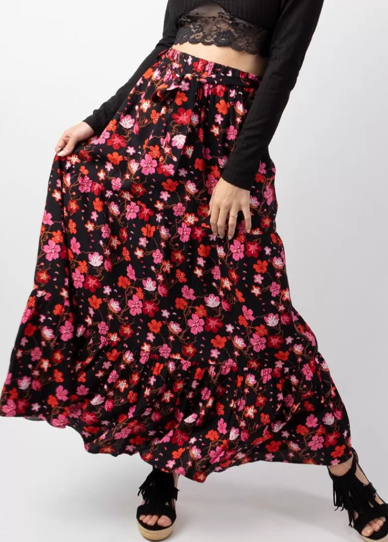Jupes*Coton Du Monde Jupe longue femme CHERRY motif floral coloré Cherry Noir