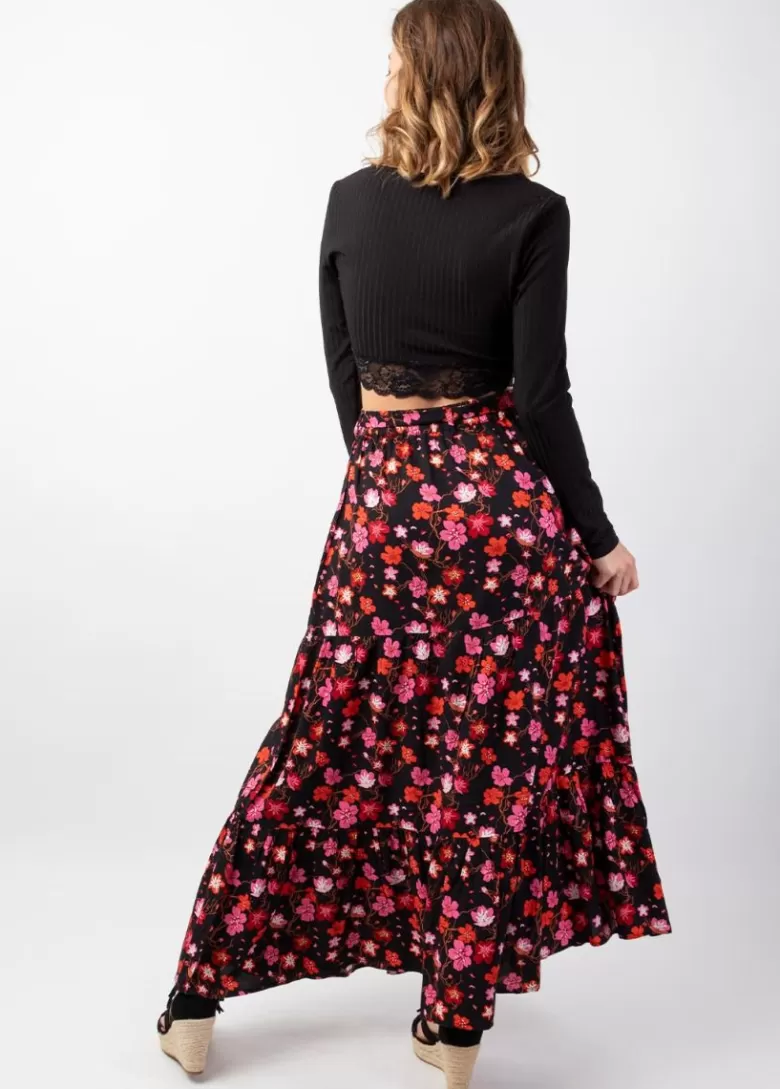 Jupes*Coton Du Monde Jupe longue femme CHERRY motif floral coloré Cherry Noir