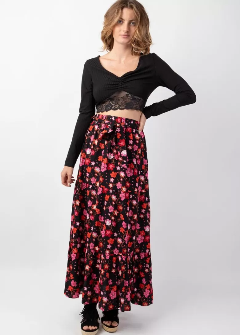 Jupes*Coton Du Monde Jupe longue femme CHERRY motif floral coloré Cherry Noir