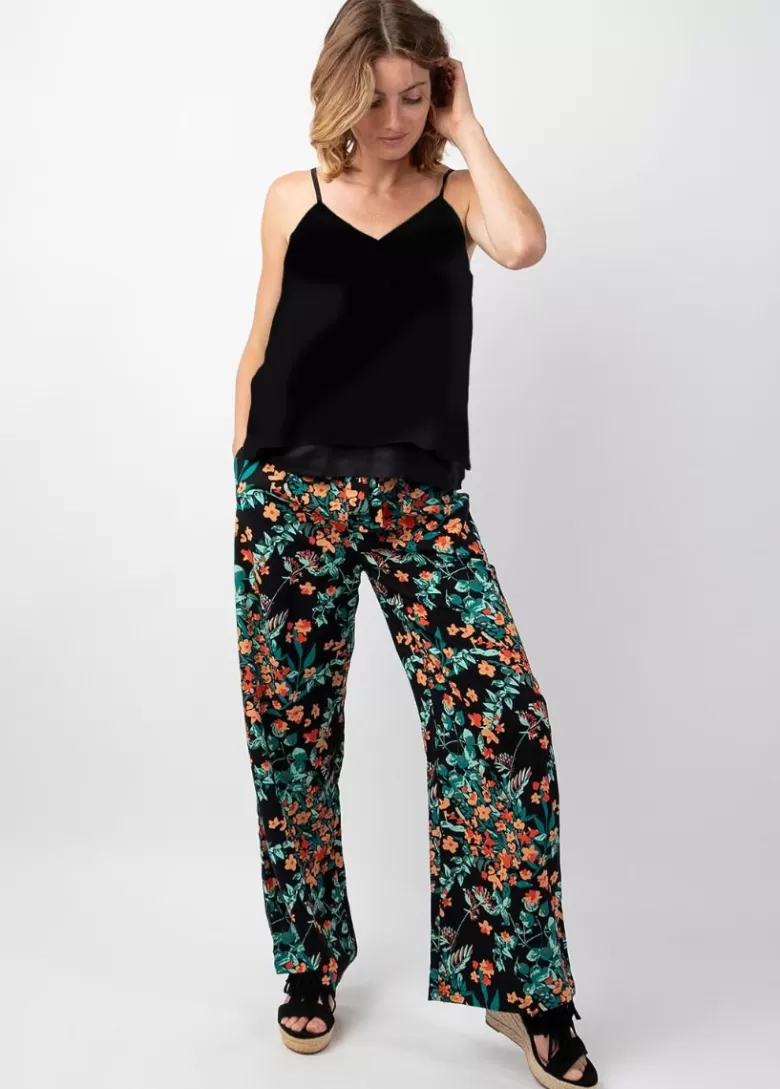 Pantalons Et Sarouels*Coton Du Monde Pantalon femme fluide été MELODY noir motif fleuri Jaipur