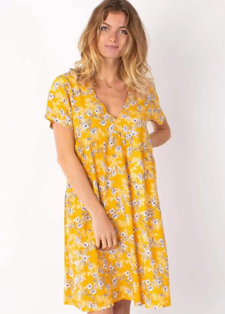 Robes*Coton Du Monde Robe babydoll manches courtes DINA imprimé fleuri jaune 8 Jaune