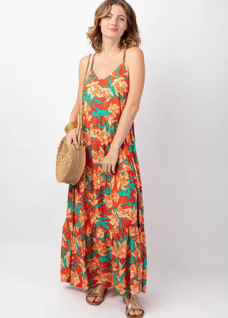 Robes*Coton Du Monde Robe bohème chic longue MONICA motif tropical orangé Summer