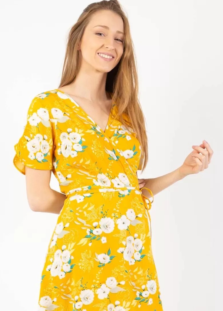 Robes*Coton Du Monde Robe courte cache cœur manches froncées LOUNA imprimé fleuri jaune Bouquet Jaune