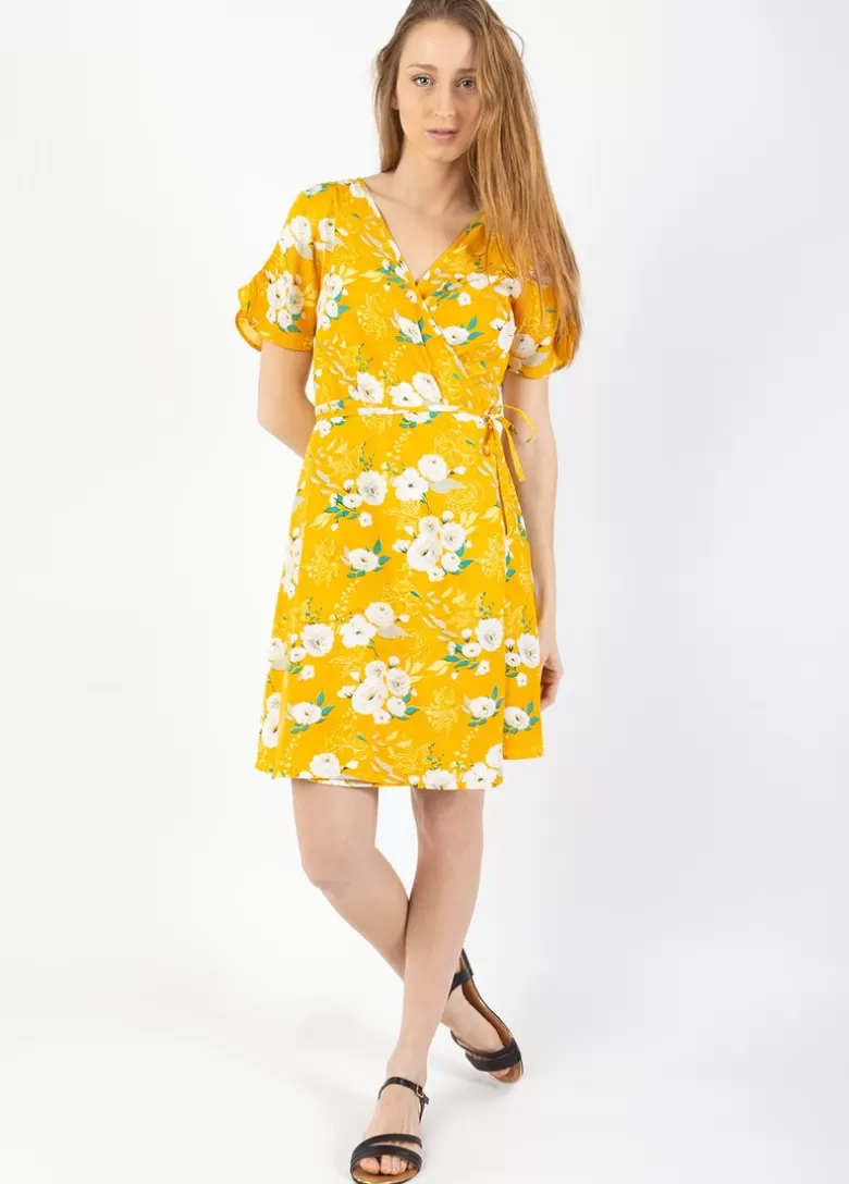 Robes*Coton Du Monde Robe courte cache cœur manches froncées LOUNA imprimé fleuri jaune Bouquet Jaune