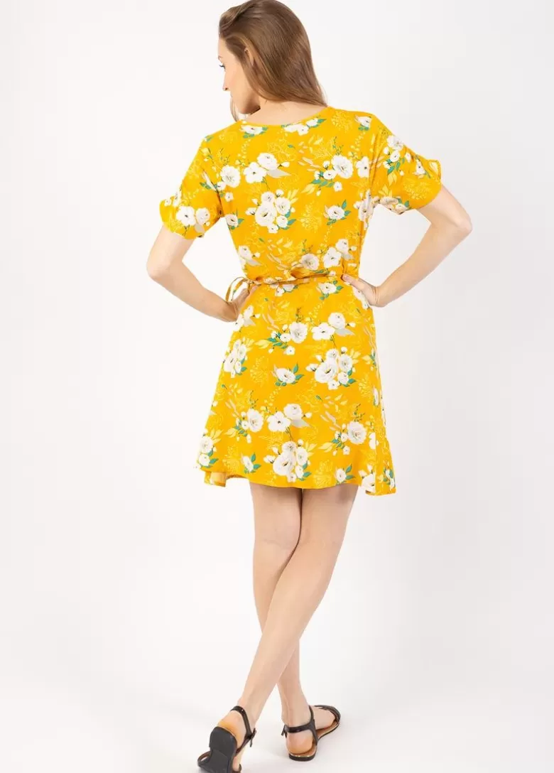 Robes*Coton Du Monde Robe courte cache cœur manches froncées LOUNA imprimé fleuri jaune Bouquet Jaune