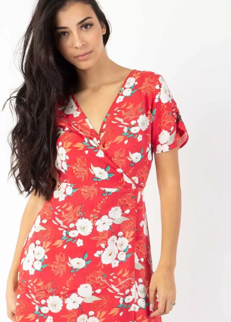 Robes*Coton Du Monde Robe courte cache cœur manches froncées LOUNA imprimé fleuri rouge Bouquet Rouge