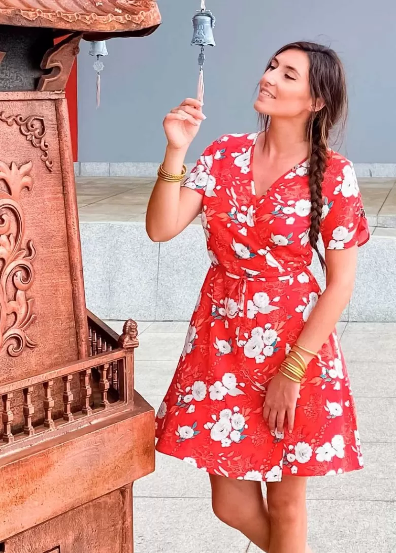 Robes*Coton Du Monde Robe courte cache cœur manches froncées LOUNA imprimé fleuri rouge Bouquet Rouge