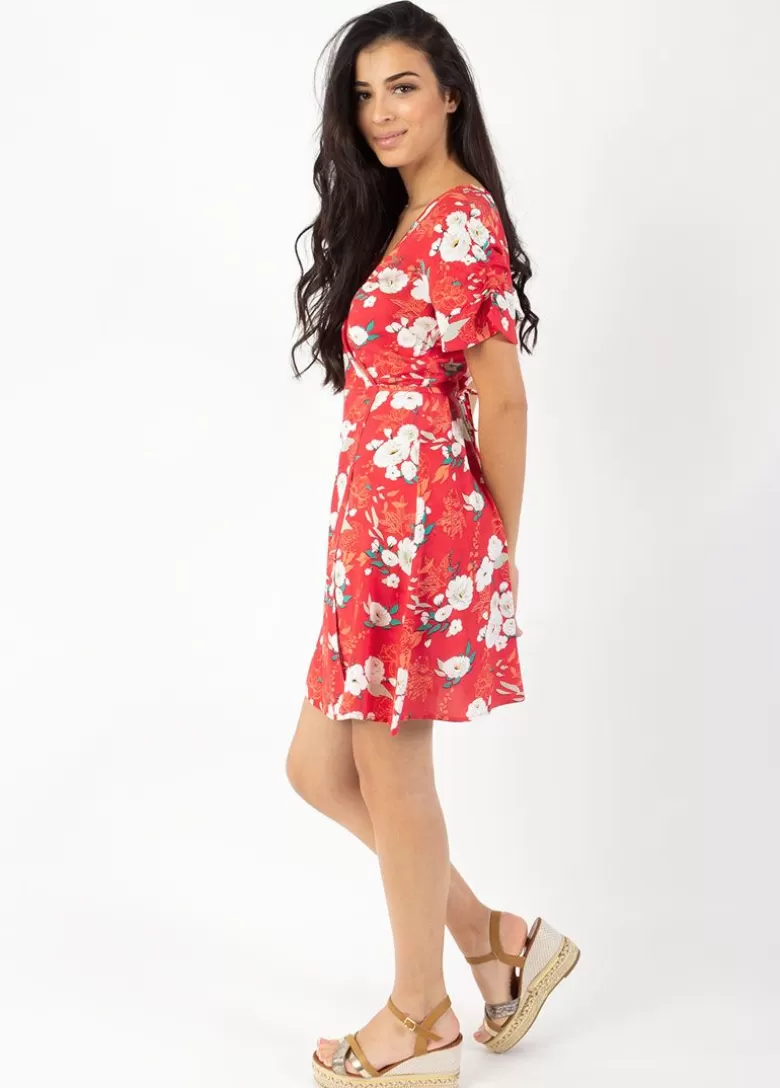 Robes*Coton Du Monde Robe courte cache cœur manches froncées LOUNA imprimé fleuri rouge Bouquet Rouge