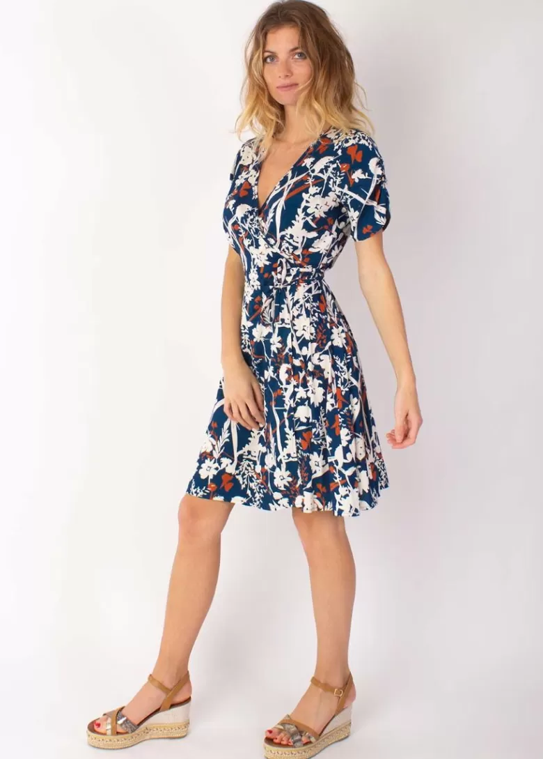 Robes*Coton Du Monde Robe courte cache cœur manches froncées LOUNA motif floral bleu 27 Marine