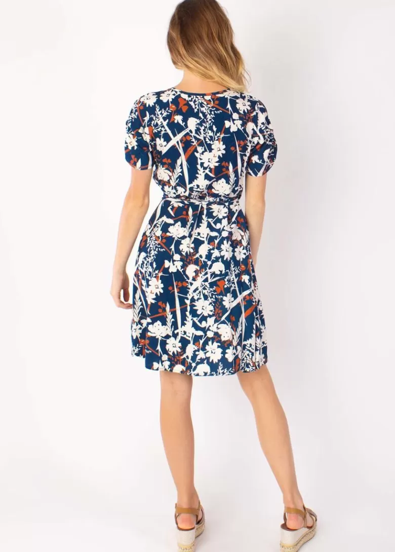 Robes*Coton Du Monde Robe courte cache cœur manches froncées LOUNA motif floral bleu 27 Marine