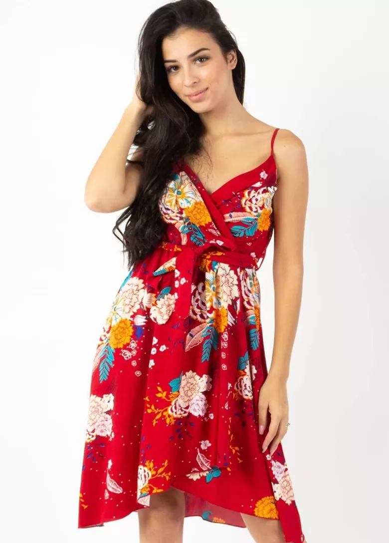 Robes*Coton Du Monde Robe courte chic fines bretelles cache cœur TESSA fleurie rouge Volupte