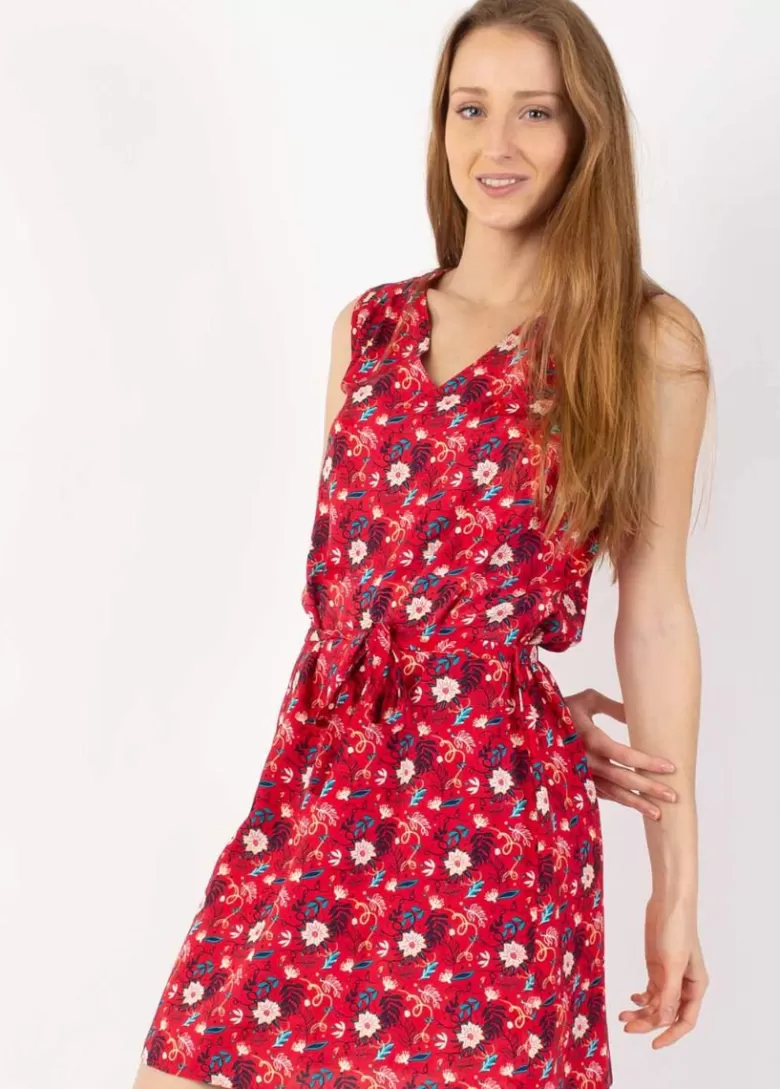 Robes*Coton Du Monde Robe courte col V coupe droite ELISA motif fleuri rouge Spring Flowers