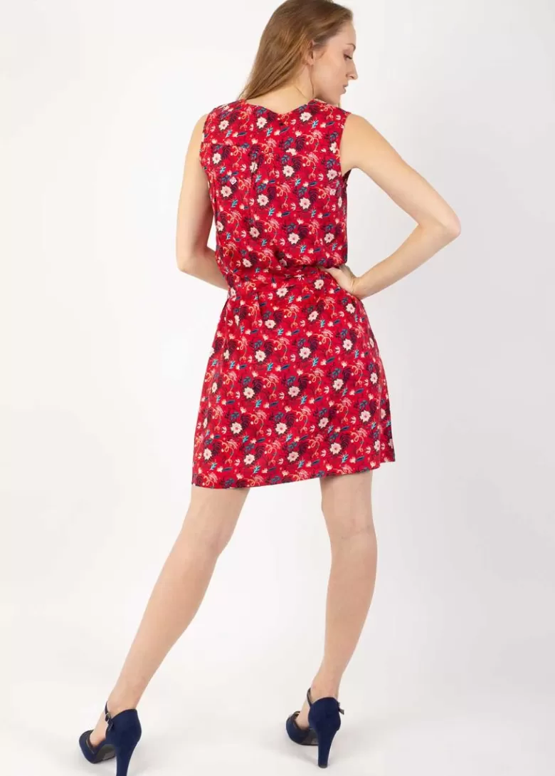 Robes*Coton Du Monde Robe courte col V coupe droite ELISA motif fleuri rouge Spring Flowers