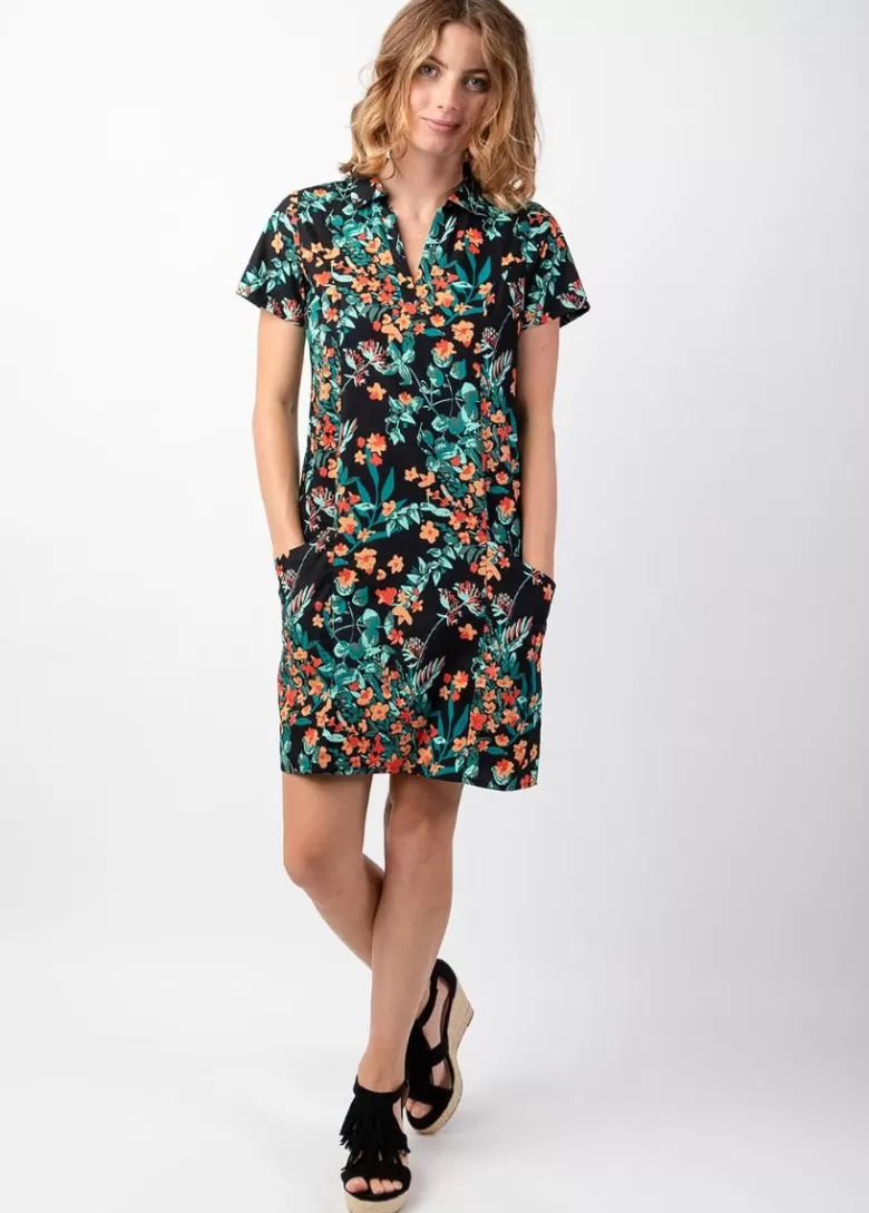 Robes*Coton Du Monde Robe courte coupe droite en coton ELANA noire motif fleurs