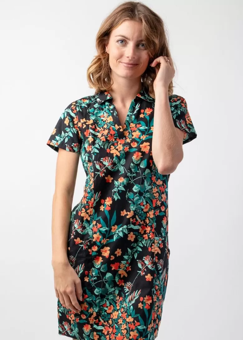 Robes*Coton Du Monde Robe courte coupe droite en coton ELANA noire motif fleurs