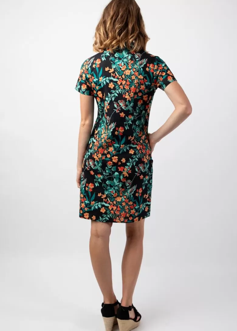 Robes*Coton Du Monde Robe courte coupe droite en coton ELANA noire motif fleurs