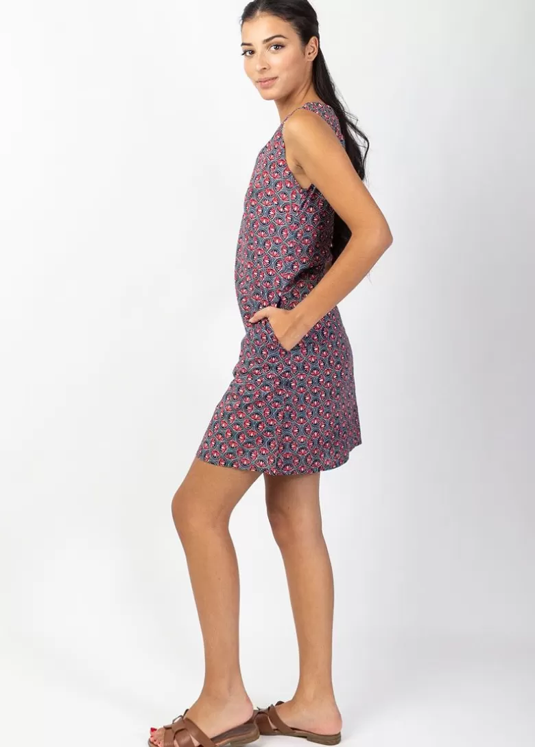 Robes*Coton Du Monde Robe courte DIANA coton sans manches col V imprimé ethnique rose Lotus