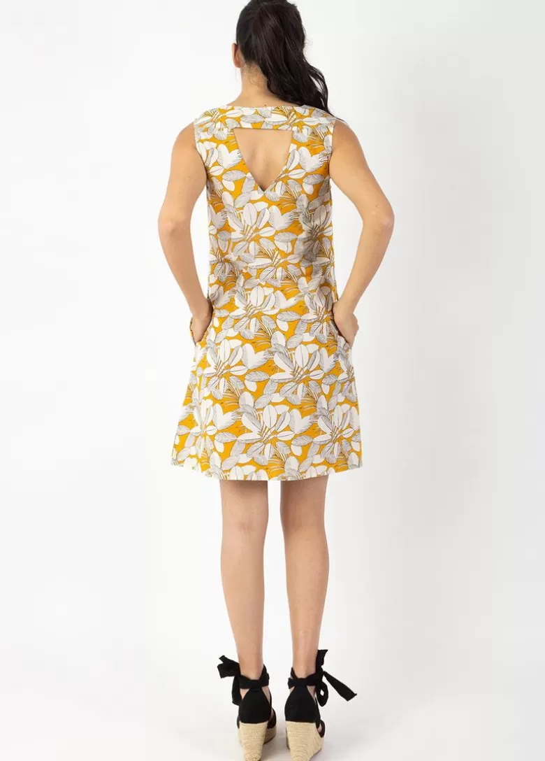 Robes*Coton Du Monde Robe courte DIANA coton sans manches col V jaune et blanche Jungle Jaune
