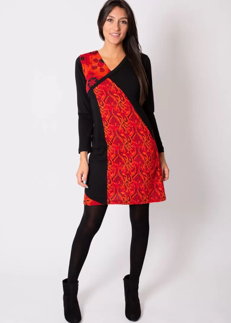 Robes*Coton Du Monde Robe courte en coton ABAYA imprimé graphique Rouge