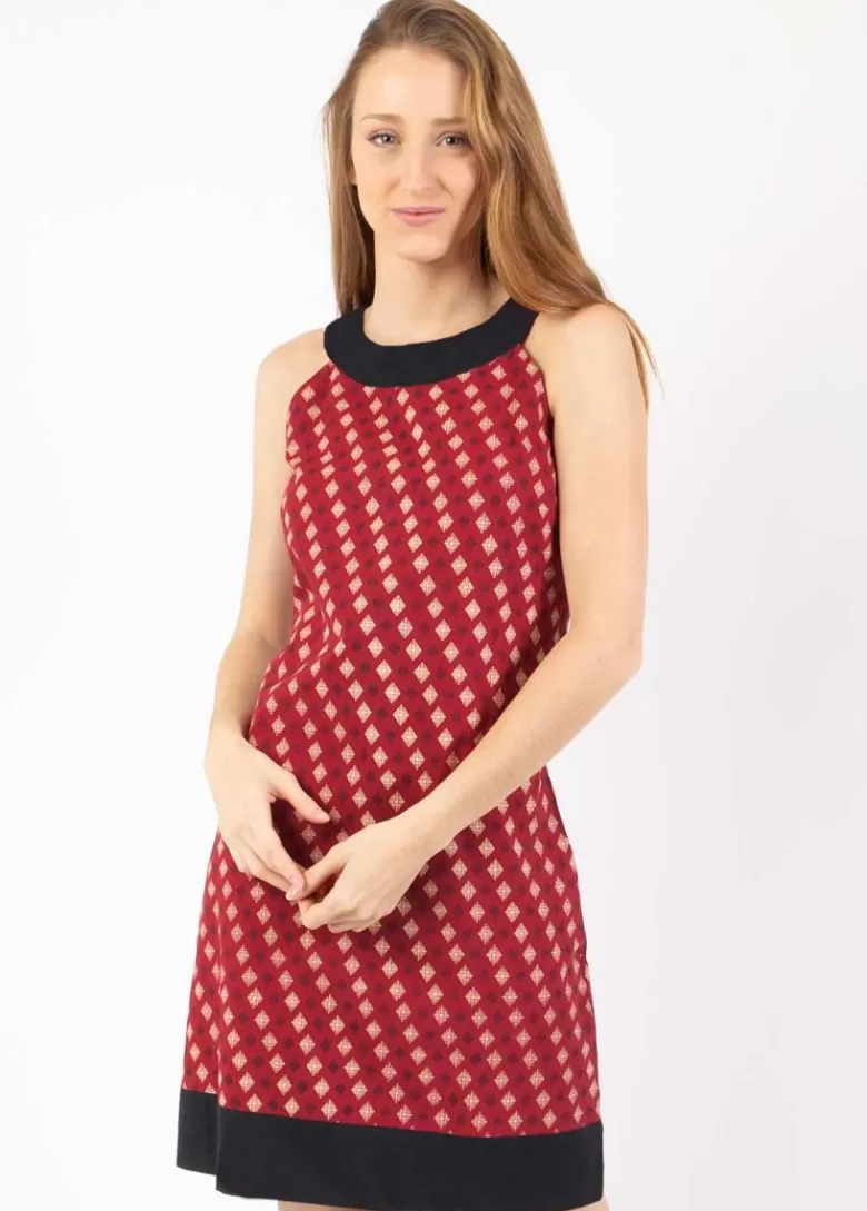 Robes*Coton Du Monde Robe courte en coton CECILIA col rond imprimé ethnique bordeaux Medina