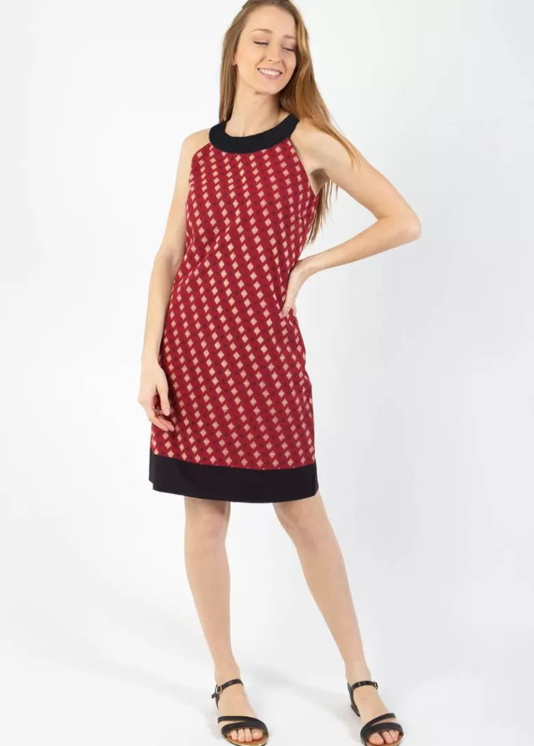 Robes*Coton Du Monde Robe courte en coton CECILIA col rond imprimé ethnique bordeaux Medina