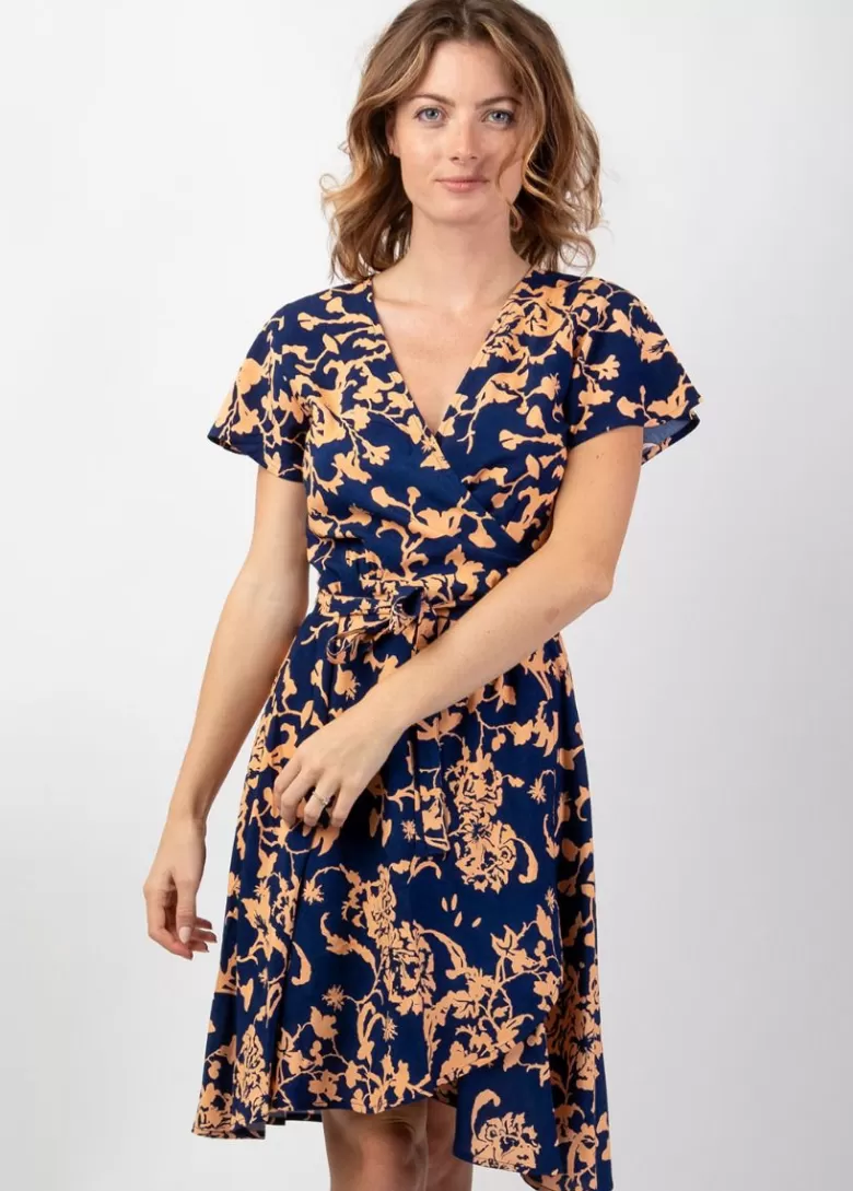 Robes*Coton Du Monde Robe courte fluide cache-cœur MARIKA imprimé ethnique tendance Palua Bleu