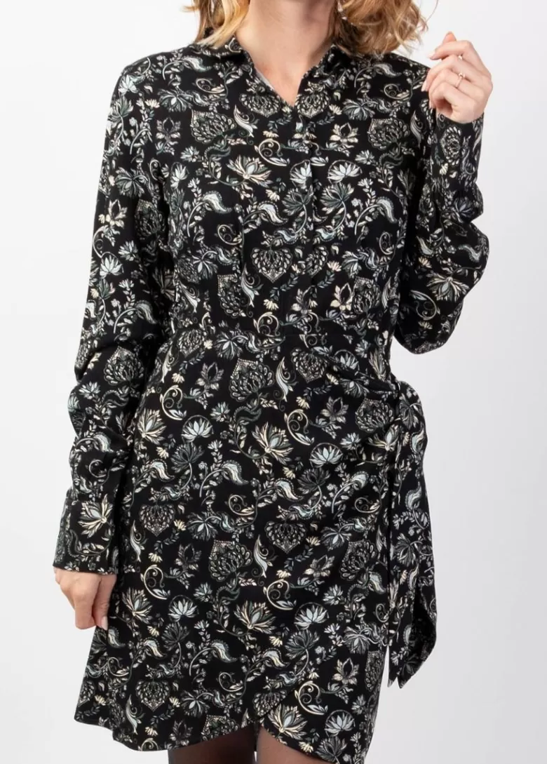 Robes*Coton Du Monde Robe courte hiver manches longues RIANA coupe portefeuille noir Orient