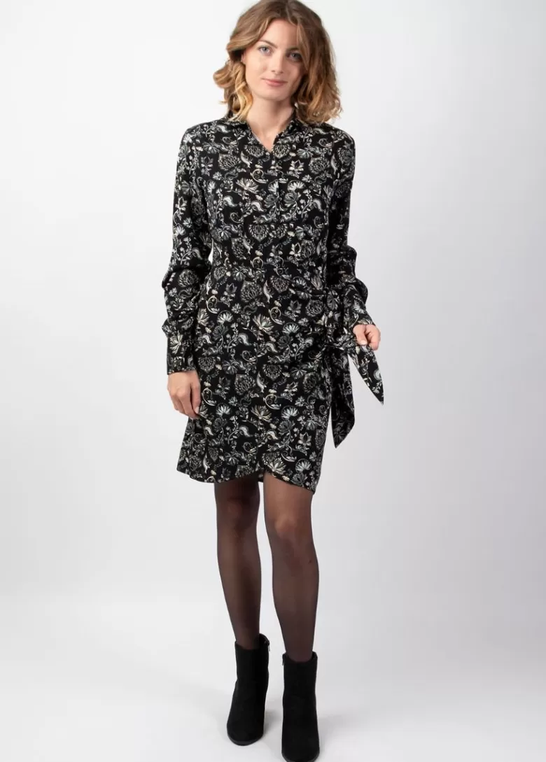 Robes*Coton Du Monde Robe courte hiver manches longues RIANA coupe portefeuille noir Orient