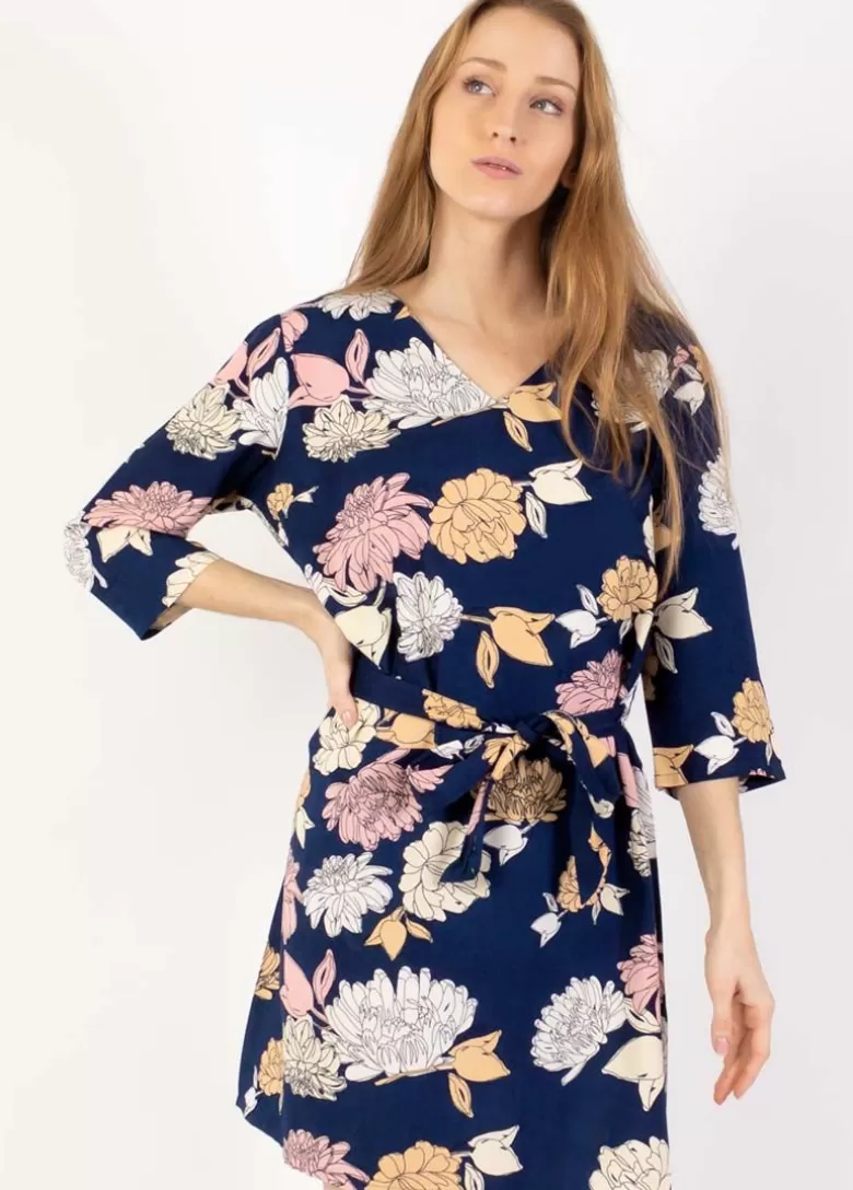 Robes*Coton Du Monde Robe courte manches 3/4 fluide LEYLA imprimé fleuri bleu Blossom