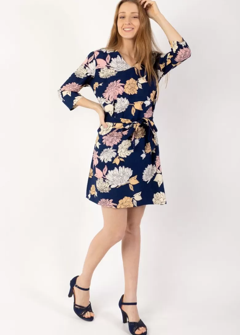 Robes*Coton Du Monde Robe courte manches 3/4 fluide LEYLA imprimé fleuri bleu Blossom