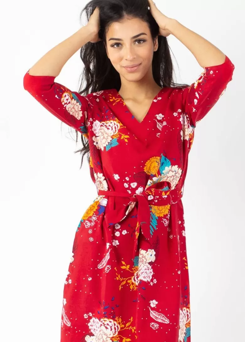 Robes*Coton Du Monde Robe courte manches 3/4 fluide LEYLA imprimé fleuri rouge Volupte