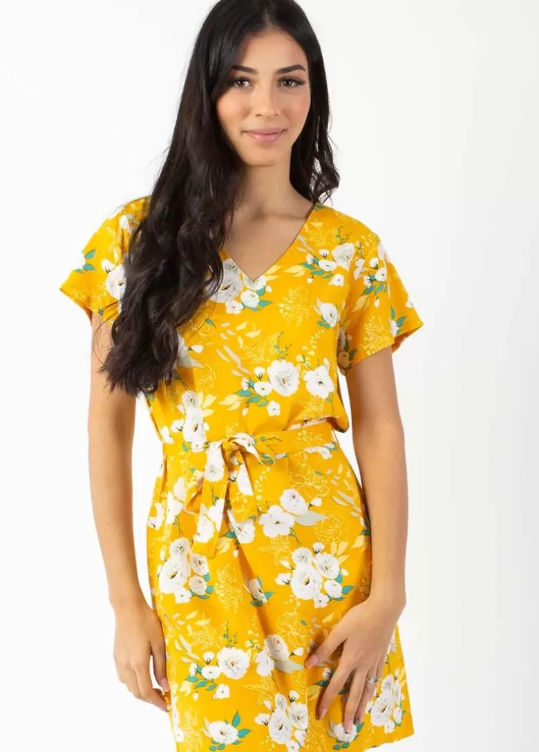 Robes*Coton Du Monde Robe courte manches courtes col V SERENA  fleurie jaune Bouquet Jaune