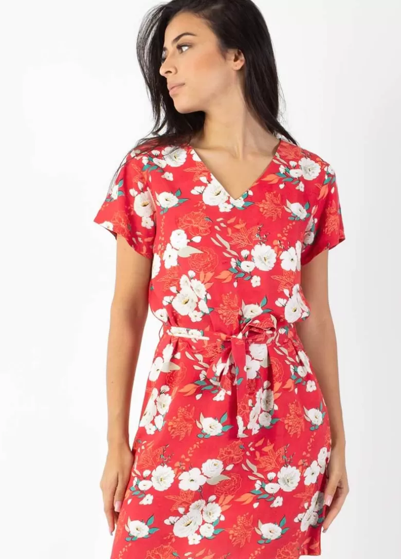 Robes*Coton Du Monde Robe courte manches courtes col V SERENA  fleurie rouge Bouquet Rouge