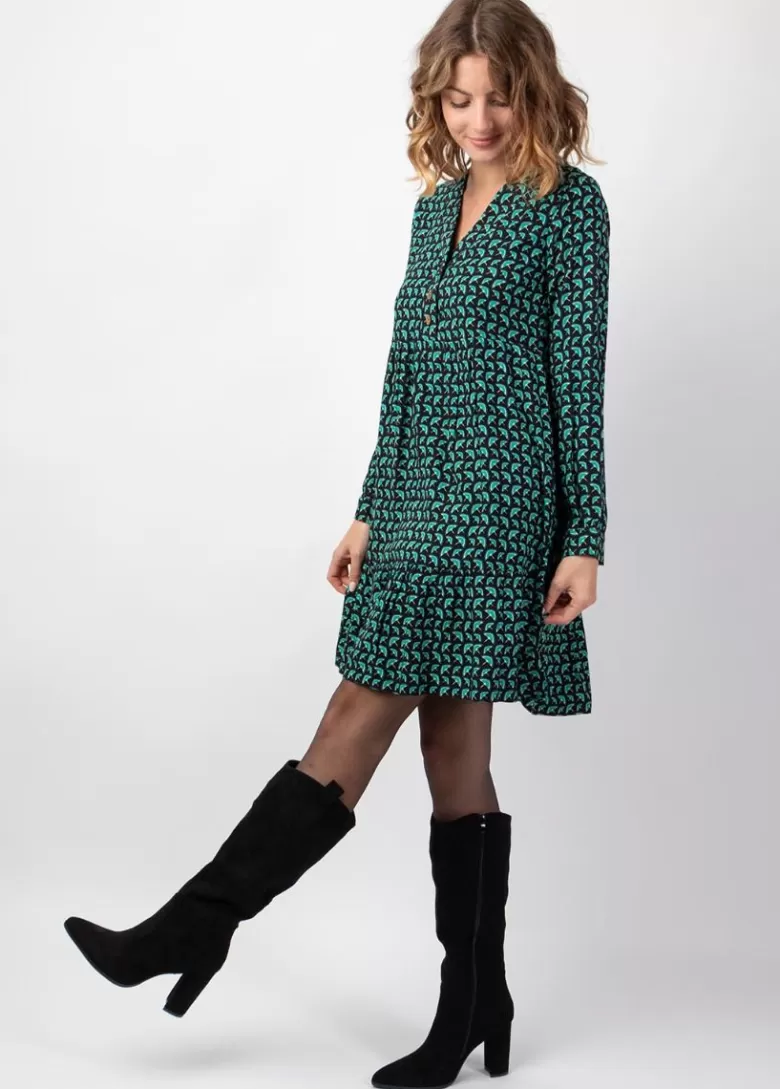 Robes*Coton Du Monde Robe courte manches longues en viscose épais FLORA motif ethnique bleu Envolee Bleu