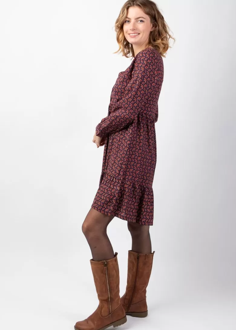Robes*Coton Du Monde Robe courte manches longues en viscose épais FLORA motif ethnique prune Envolee Prune