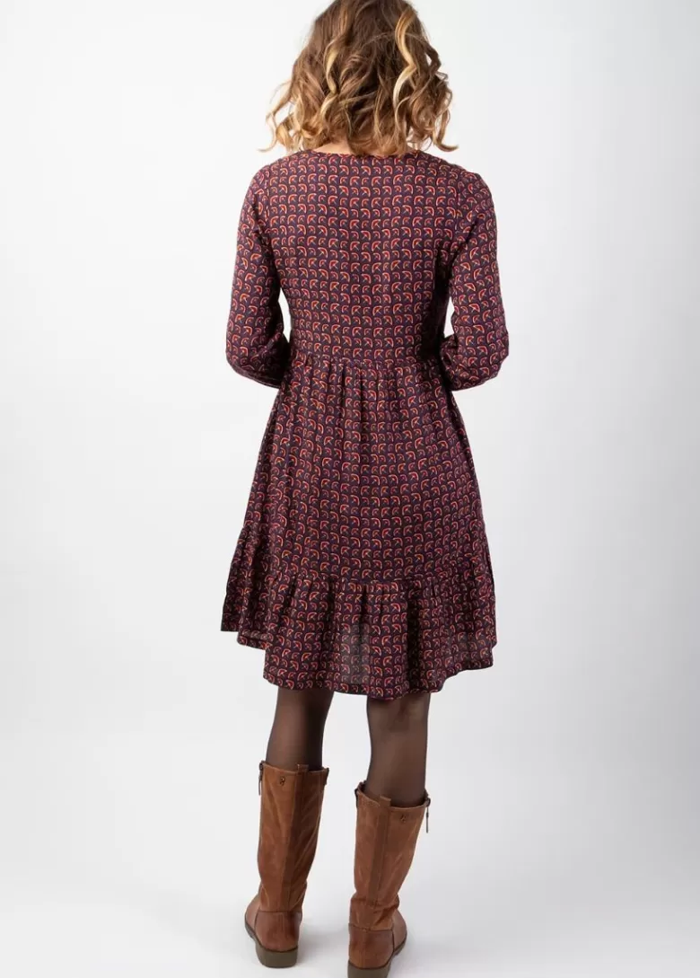 Robes*Coton Du Monde Robe courte manches longues en viscose épais FLORA motif ethnique prune Envolee Prune