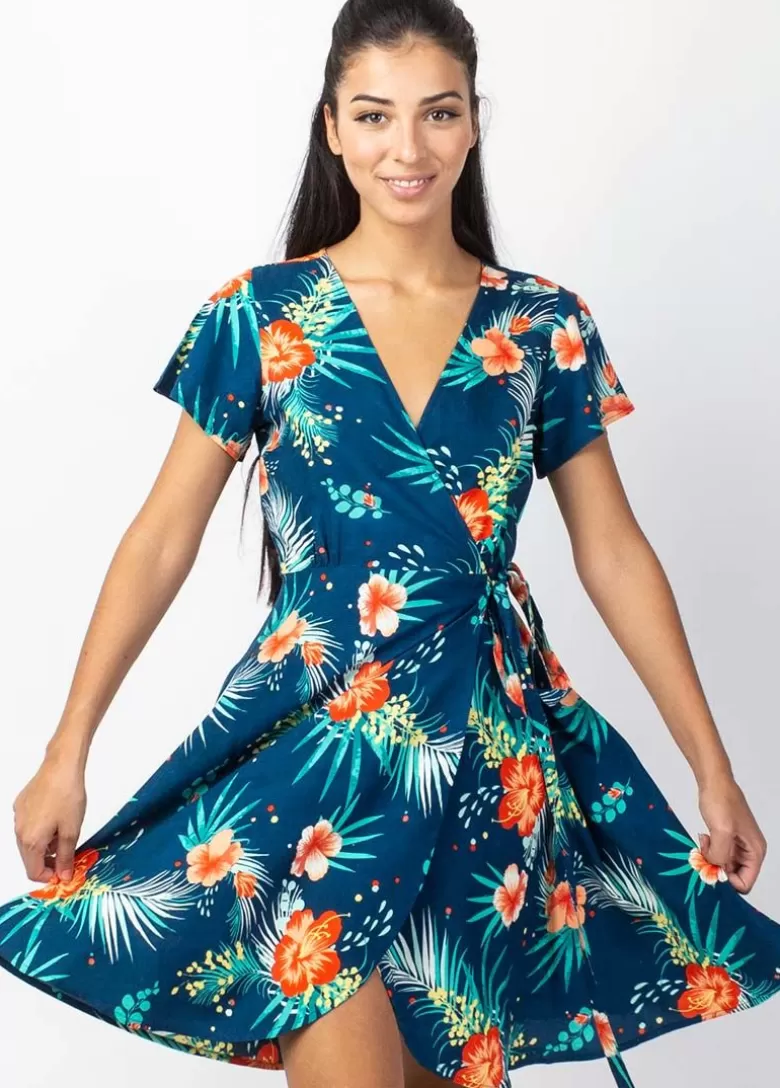 Robes*Coton Du Monde Robe courte MARIKA fluide cache-cœur imprimé fleurs tropicales Maui