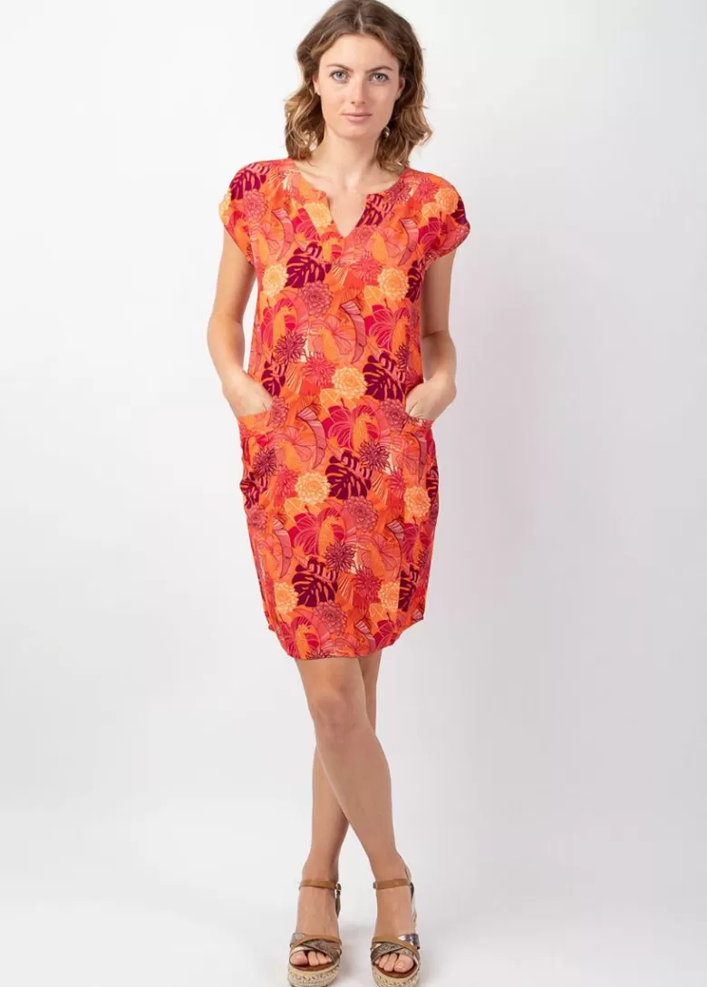 Robes*Coton Du Monde Robe légère en viscose coton manches courtes ERIKA motif tropical Java