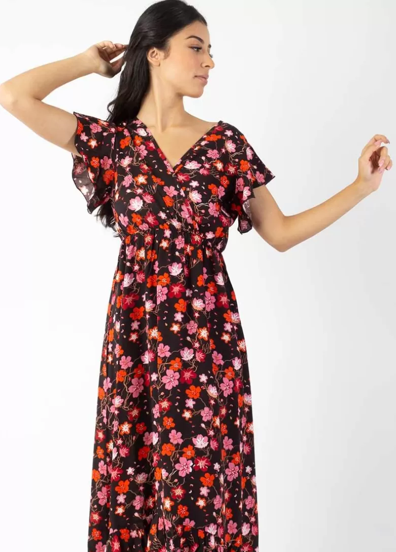 Robes*Coton Du Monde Robe longue à volants KENDRA imprimé fleurs de cerisier noir Cherry Noir