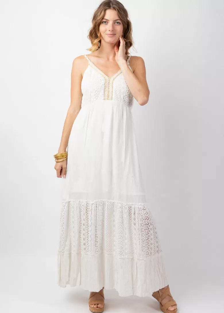 Robes*Coton Du Monde Robe longue bohème chic à dentelle TIARA he Blanc