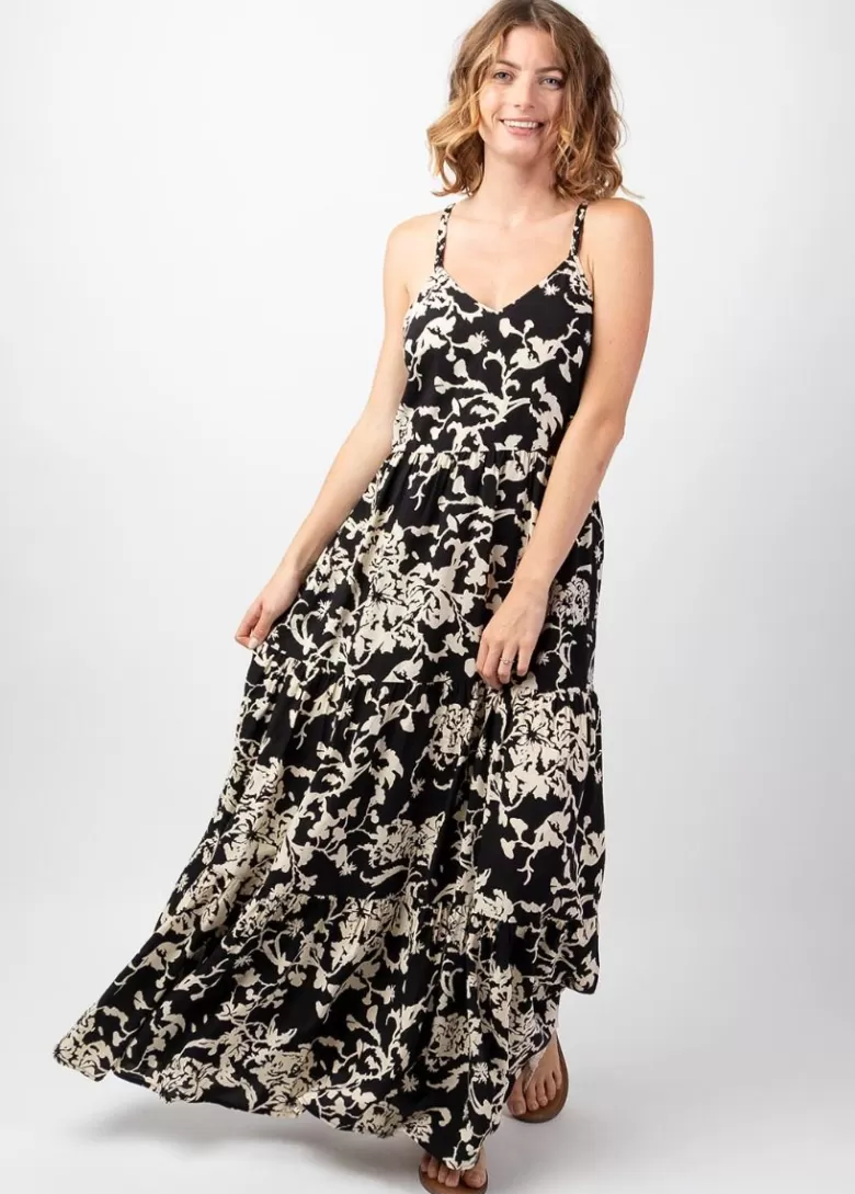 Robes*Coton Du Monde Robe longue bohème fines bretelles torsadées MONICA motif ethnique noir Palua Noir