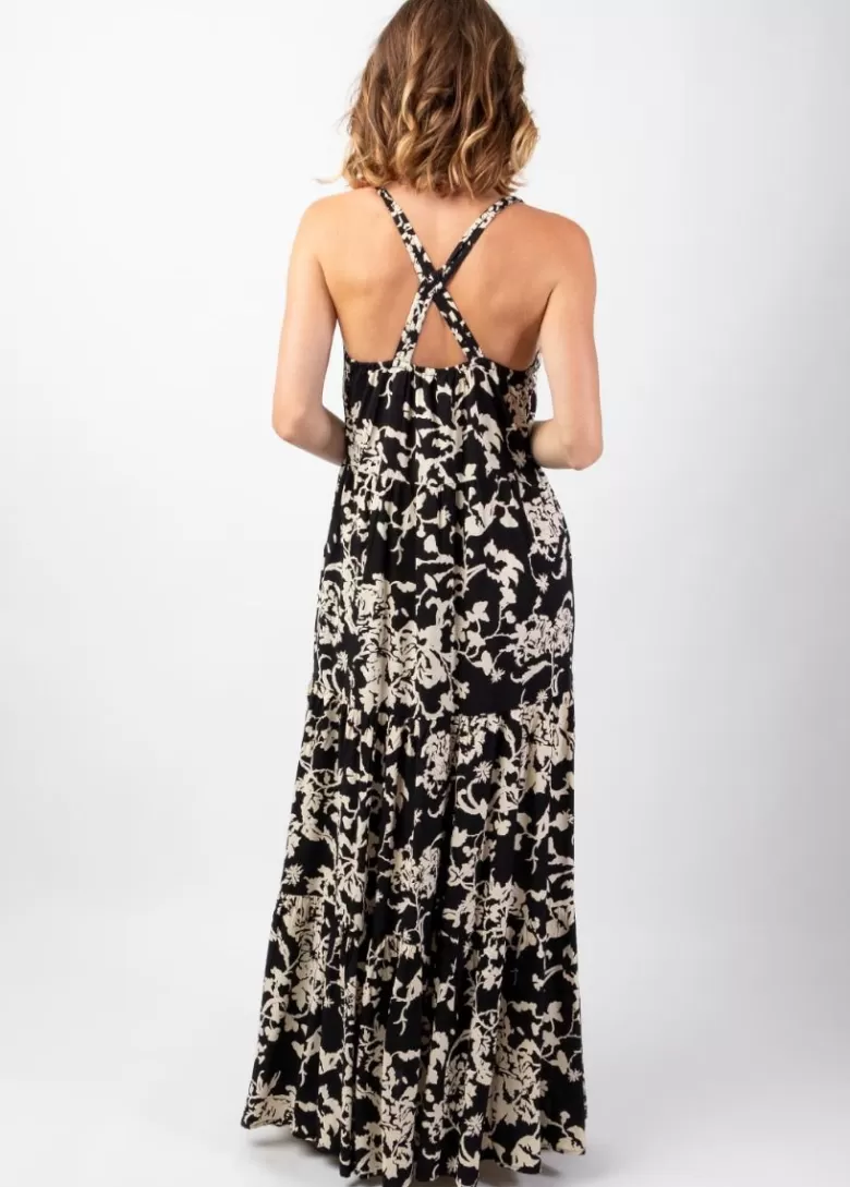 Robes*Coton Du Monde Robe longue bohème fines bretelles torsadées MONICA motif ethnique noir Palua Noir