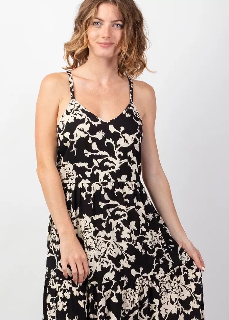 Robes*Coton Du Monde Robe longue bohème fines bretelles torsadées MONICA motif ethnique noir Palua Noir